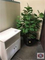 Potted silk plant + wood cabinet 2 door with