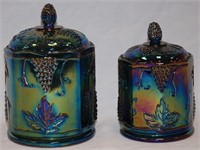 2 Iridescent Blue Carnival Glass Cannister Jars