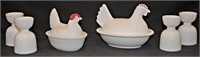 2 Milk Glass Chicken Covered Dishes & 4 Egg Cups