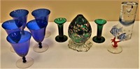 Lot of Blue and Green Glass, Goblets, Art Glass