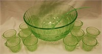 Tiara Glass Green Sandwich Punch Bowl Set