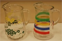 2 Vtg Printed Glass Pitchers, Stripes 7 Flowers
