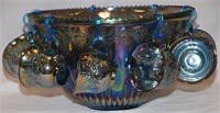 Blue Iridescent Carnival Glass Punch Bowl Set