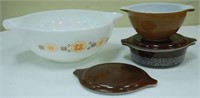 Earth Tone Pyrex Lot, 2 bowls, Covered Dish