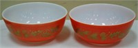 2 Pyrex Golden Leaf Red Holiday Mixing Bowls