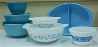 7 Pcs Pyrex Blue and White, Bowls, Divided Dish