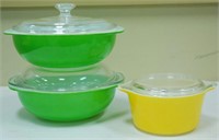 3 Bright Green And Yellow Pyrex Covered Dishes