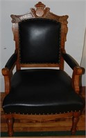 Victorian Eastlake Walnut & Black Leather Armchair