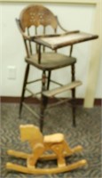Antique Wooden High Chair, Rocking Horse