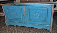 Blue Painted Chip Carved Blanket Chest