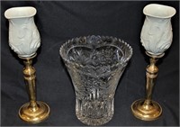 Crystal Vase and 2 Bisque and Brass Candleholders