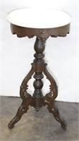 Carved Wood Pedestal Side Table w Round Marble Top