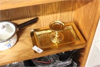BRASS TRAY AND CANDLE HOLDER