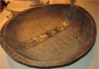 Wood Carved Tribal Bowl & Metal Strip Inlay 12"D