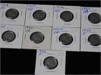 Nine Buffalo nickels in 2x2s, two 1915 - 1919D -