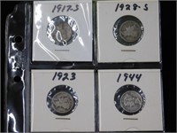 Four Mercury dimes - 1917S - 1928S - 1923 - 1944