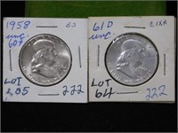 Two Franklin half dollars, 1958 - 1961D note