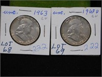 Two Franklin half dollars, 1963 - 1963D note
