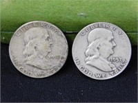 Two Franklin half dollars, 1952D - 1957D