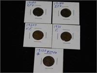Five wheat cents in 2x2s: two 1918D - 1930S -
