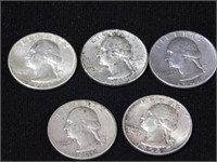 Five Washington silver quarters, 1942 - 1948 -