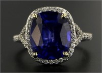 14kt Gold 6.71 ct Cushion Sapphire & Diamond Ring