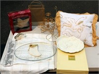 Christmas Decor Gold Pillows Platters Cloths ++