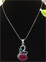 STERLING NECKLACE W/RUBY,EMERALD&SAPPHIRE PENDANT