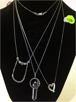 NECK W/ 3 STERLING CHAINS, 1-CRYSTAL, HEART