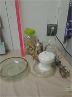 Heavy glass bowls, metal teapot, hand mixer,