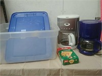 Two coffee pots with coffee filters and tote with