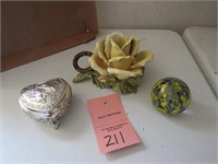 Yellow Rose,Paperweight, & Silver box