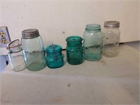 (6) Vintage Jars- Blue Balls, Atlas- Clear & Blue