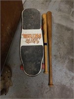 (2) Wooden Baseball Bats & Skateboard