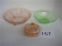 2 Depression Glass Bowls & Covered Butter Dish