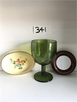 Set Of Green Stained Wine Glass Ceramic Plate