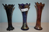 3 Unmatched Carnival Glass Vases 10.5" x 11"