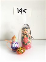 LOT of 3 Russian Dolls and Wooden Patterned Egg