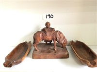 LOT of 2 Handmade Signature Wooden Figure and Dish
