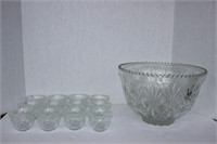 Decorative glass punch bowl w/ twelve tea cups