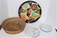 Mis lot of decorative plates, wicker bowl, marble