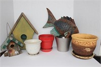 Misc lot-rustic Four flower pots, two bird houses,