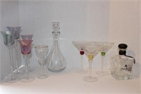 Don Julio bottle, decanter, (3) martini glasses,