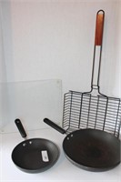 Misc lot Frying pans, glass cutting board