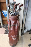 Brown leather golf bag & clubs