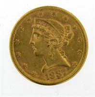 1887-S AU Liberty $5 Gold Piece