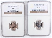 Coin (2) 1964 Roosevelt Dime Pointed 9 NGC PF67
