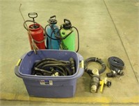Tote w/(3) Pump Sprayers, Assorted Hose & Fittings