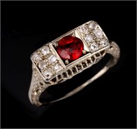 AN ANTIQUE 14K GOLD RING WITH DIAMONDS & RED STONE