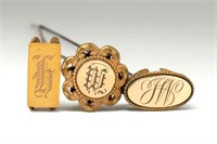 THREE ORNATE VICTORIAN HAT PINS WITH MONOGRAMS